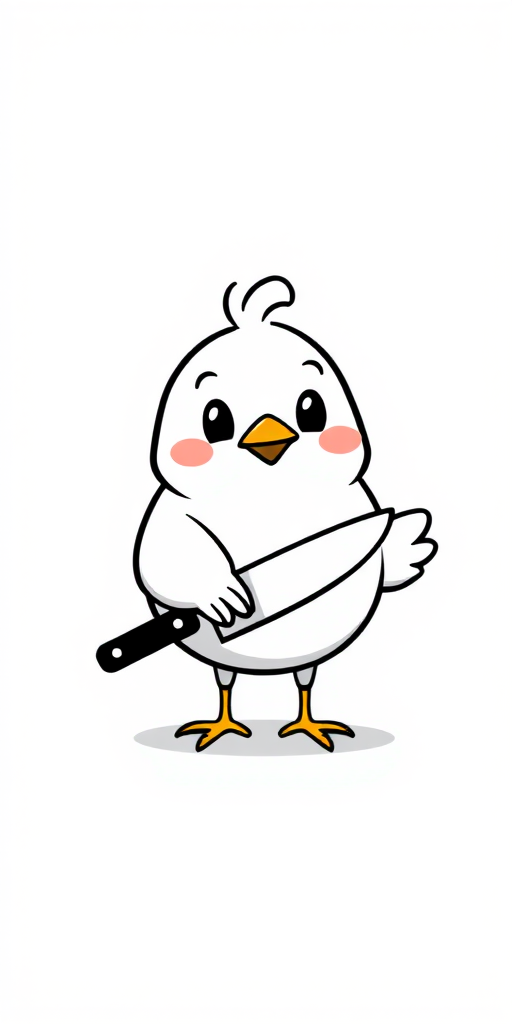 Cute cartoon bird holding a knife with a simple black outline on a white background, featuring a round body, small wings, and a cheerful expression.