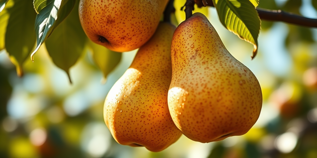 a close-up of ripe pears hanging on a branch with droplets of water glistening in the sunlight, shallow depth of field, soft focus background, captured with a DSLR camera, f/2.8 aperture, 50mm lens, natural light, vibrant colors