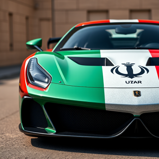 A high-resolution close-up of a sports car with an intricate paint job featuring the flags of Italy and Iran on its body, shot with a DSLR camera at f/2.8 aperture, ISO 100, and a shutter speed of 1/200s, in natural light, centered in the frame to emphasize details.