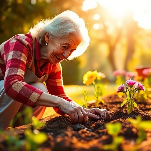Warm, softly lit photo of a grandmother and child gardening together, soft sunlight filtering through the trees, dirt-covered hands planting flowers, the smell of fresh earth and flowers in the air, and a sense of togetherness and growth.