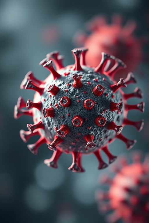 Create a highly detailed and realistic 3D rendering of a virus, featuring intricate surface textures and dynamic lighting, using a Canon EOS 5D Mark IV with an aperture of f/8, ISO 100, and a 50mm lens, shot from a macro perspective with soft focus in the background to emphasize the virus structure.