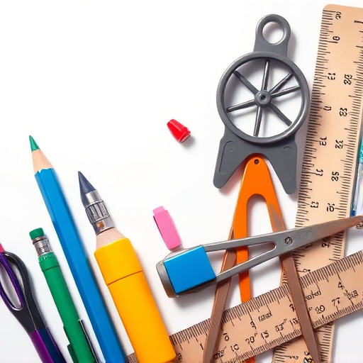 Create a high-resolution illustration of an arrangement of school supplies including a pencil, pen, sharpener, eraser, compass, and ruler, captured with a DSLR camera at f/2.8 aperture, 50mm lens, natural light, shallow depth of field, with vibrant colors and clear details.