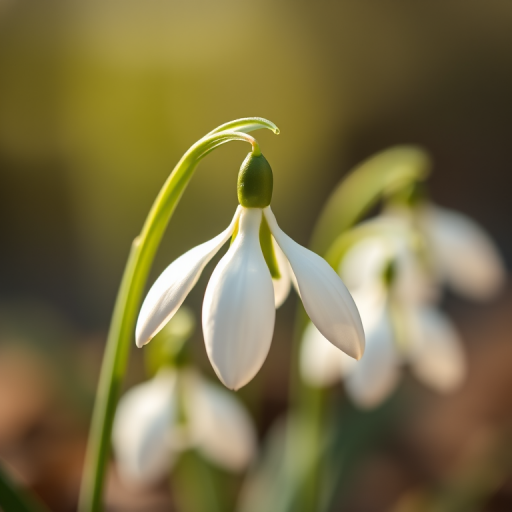A close-up shot of a snowdrop flower on a blurred background, using a macro lens, aperture f/2.8, shutter speed 1/250s, ISO 200, natural lighting for enhanced softness and detail.