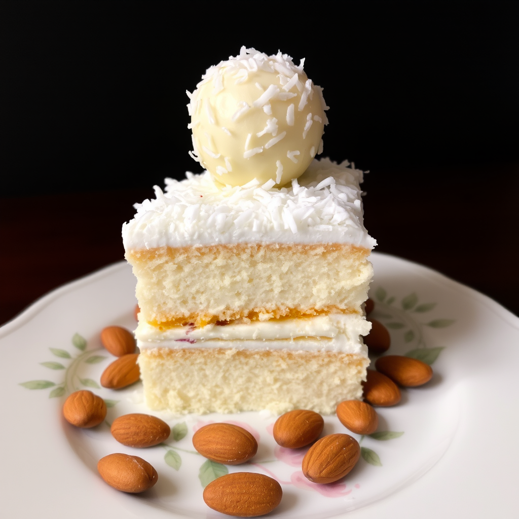 A delicious slice of white cake with layers of creamy filling topped with shredded coconut and a round coconut truffle on top served on a decorative plate with almonds scattered around.