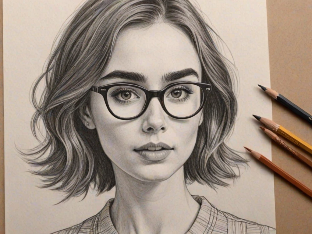 Attractive Lily Collins, pencil sketch, portrait of Graceful woman 1966s in glasses, hair style beatnik, outline, clear lines, fine lines, 8k