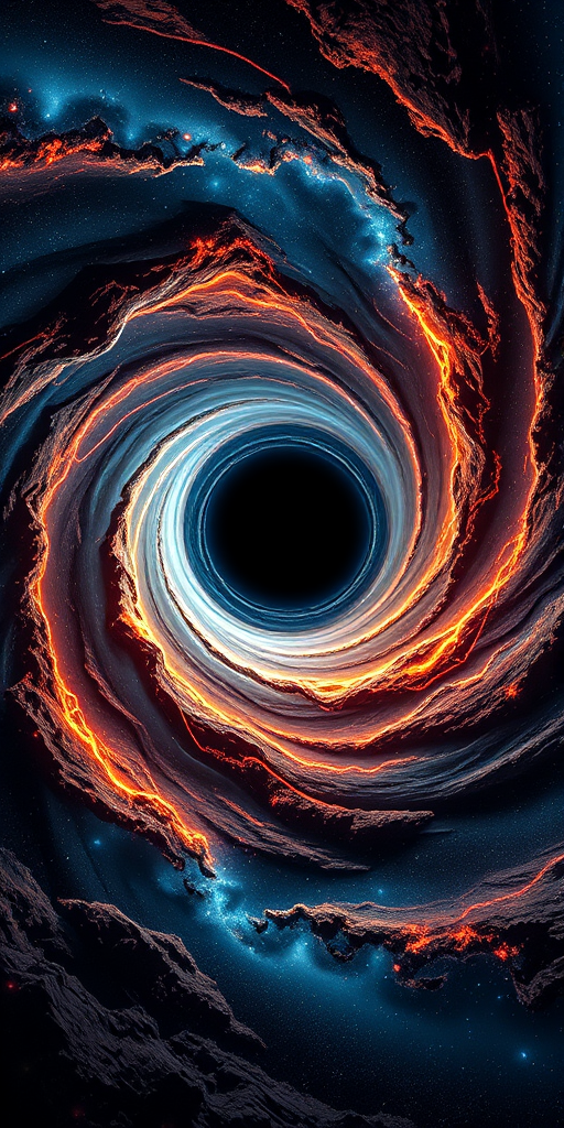 Create a high-resolution image of a swirling black hole at the center of a cosmic landscape with glowing streams of energy spiraling into it, using a wide-angle lens with an aperture of f/2.8, ISO 100, and a shutter speed of 1/125s, in a digital format with vibrant colors and intricate details.