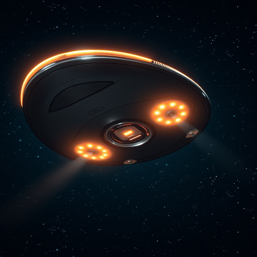 Create a highly detailed image of a futuristic UFO hovering in space, featuring a sleek, metallic design with glowing lights, captured with a Canon EOS R5, 24mm lens, f/2.8, ISO 400, at a low angle to emphasize its shape against a starry background.