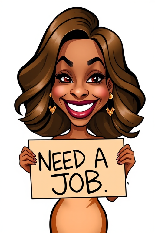 caricature of a smiling Michelle Williams in a Bronze dress or suit, holding up a sign that says "NEED A JOB", no watermark,