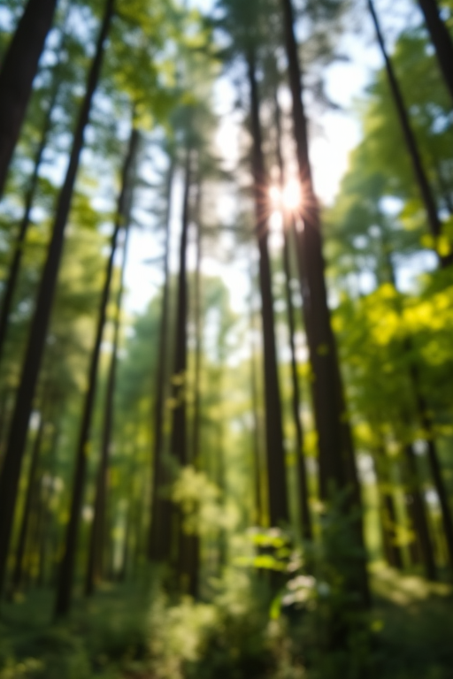 Create an image of a tranquil forest scene with tall trees and dappled sunlight filtering through the leaves, captured with a DSLR camera at f/2.8 aperture, ISO 200, 24mm lens, and a shallow depth of field to enhance the bokeh effect.
