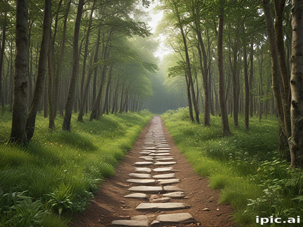 Peaceful Pathway Through Lush Green Forest Surrounded by Tall Trees