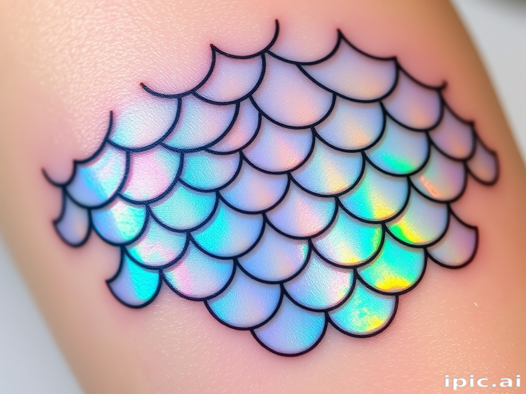 Iridescent holographic tattoo titled "Prismatic Scales" featuring a pattern of overlapping fish scales that appear to shimmer and change color as light hits them from different angles, creating a mesmerizing effect that mimics the natural iridescence found in nature, with subtle gradients and fine linework enhancing the illusion of depth and movement