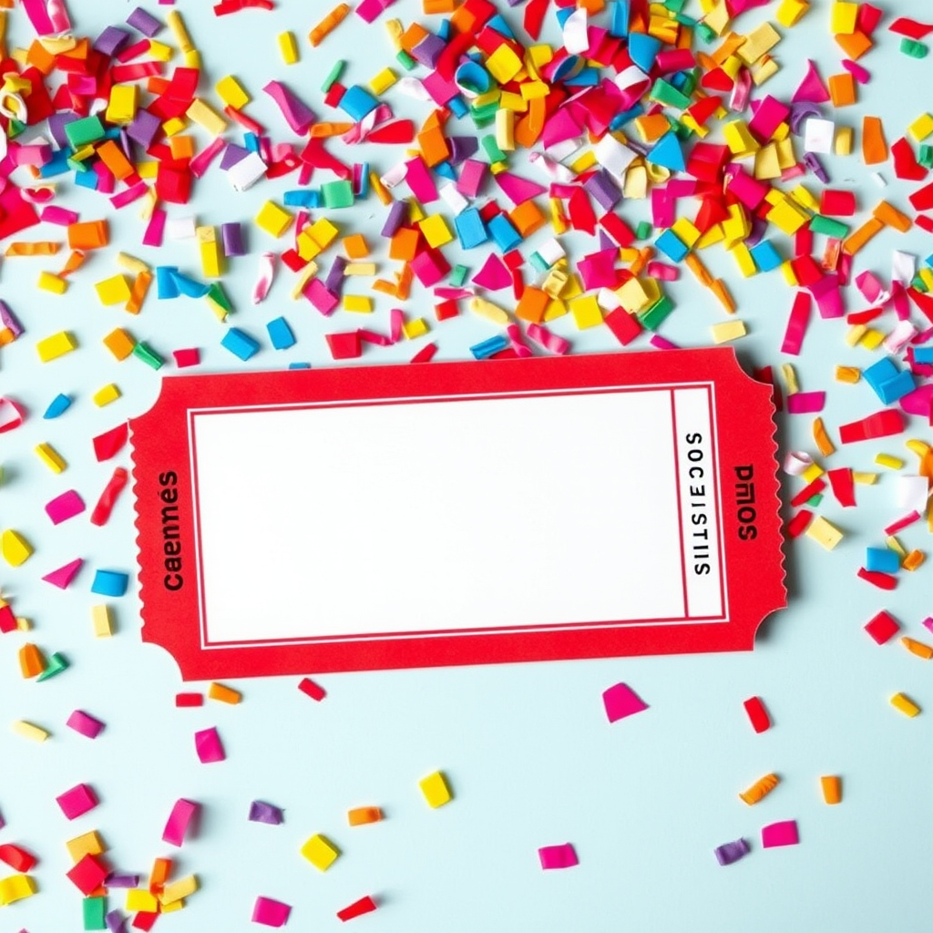 Create a vibrant ticket design with a blank central area bordered in red surrounded by colorful confetti, camera settings f/8, ISO 100, shutter speed 1/125, camera view top-down, camera style high dynamic range, camera type DSLR.