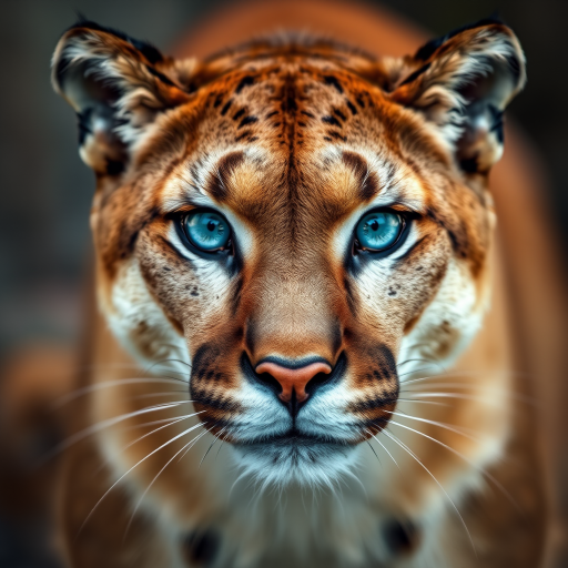 Generate a hyper-realistic portrait of a mountain lion with striking blue eyes, frontal view, sharp focus, shallow depth of field, 50mm lens, f/1.8 aperture, ISO 100, natural diffused lighting.