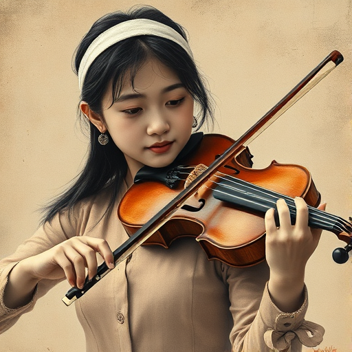 a young Asian woman with a white headband playing a violin, in the style of a charcoal drawing, sepia grunge background