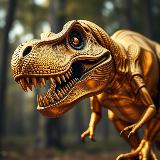 Create a highly detailed digital illustration of a T-Rex in a sleek gold metallic style, shot from a low angle perspective using a DSLR camera with a 50mm lens at f/1.8, ISO 100, and a shutter speed of 1/250s to enhance clarity and depth.