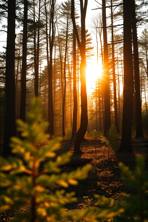 A high-resolution image of a tranquil forest scene during golden hour, featuring soft sunlight filtering through trees, with a shallow depth of field to enhance nearby foliage, taken with a Canon EOS R5, 50mm lens, f/1.8 aperture, ISO 100, and a slight underexposure to emphasize shadows.