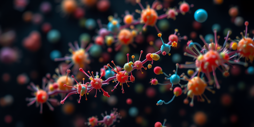 microscopic view of colorful bacteria and microorganisms on a dark background, captured with a macro lens, aperture f/2.8, ISO 100, shutter speed 1/200s, using a digital SLR camera for enhanced detail and clarity