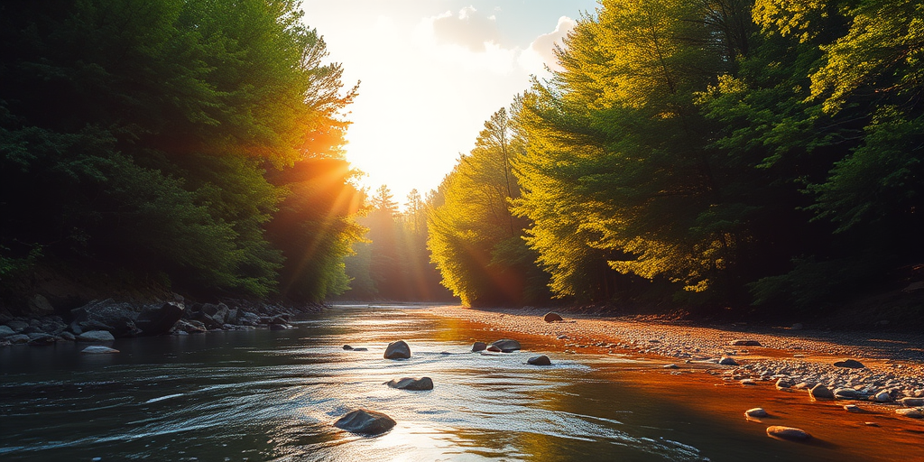 Create an image of a serene, sunlit forest scene with a clear, gently flowing river. Tall trees with lush green foliage line both sides of the river, their leaves bathed in the warm golden light of the setting or rising sun. The sunlight filters through the trees, casting soft, dappled light on the river, which flows over smooth rocks and pebbles, creating a peaceful, natural atmosphere. The sky is bright with a few scattered clouds, and the overall mood is tranquil, evoking a deep sense of connection with nature. The image captures the beauty of a calm, pristine forest landscape at either dawn or dusk.