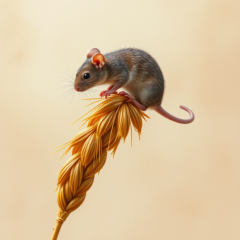 Soft, muted Alcohol Ink with ebru effect background image of tiny whimsical rat, who climbed high on the top of a golden rye ear.