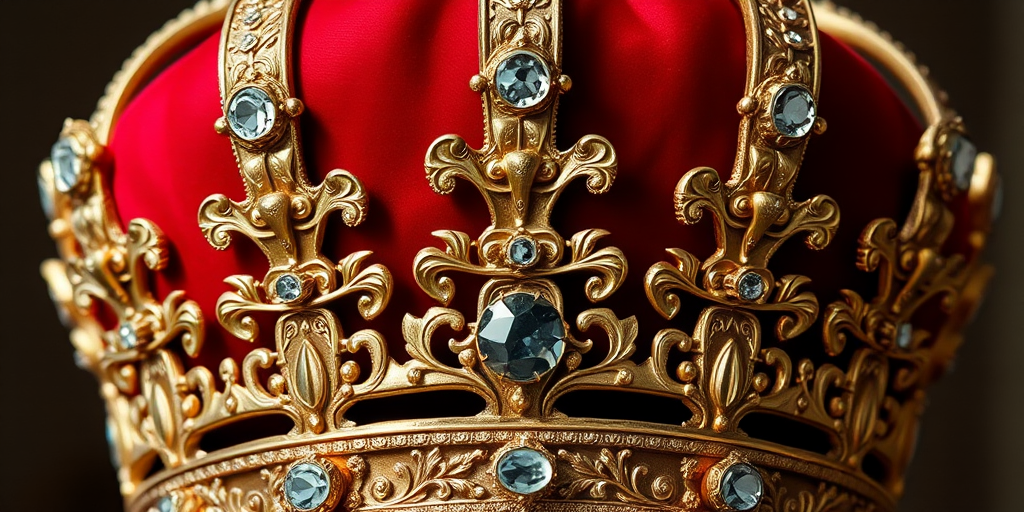 Create an image of an ornate royal crown with a red velvet interior, detailed gold embellishments, and sparkling jewels, taken with a DSLR camera at f/2.8 aperture, ISO 100, 50mm focal length, in a close-up view with soft, diffused lighting.