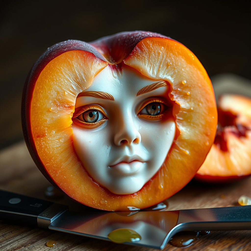A hyperdetailed photorealistic macro color saturated high resolution image of a peach cut in half, with the peach pit being a highly detailed sculpted woman's face with her eyes open and peach-colored irises. The face has a marble texture. The image includes condensation, moisture, and peach juice. The peach is on a wooden cutting board with a small fruit knife nearby, also covered with juice.