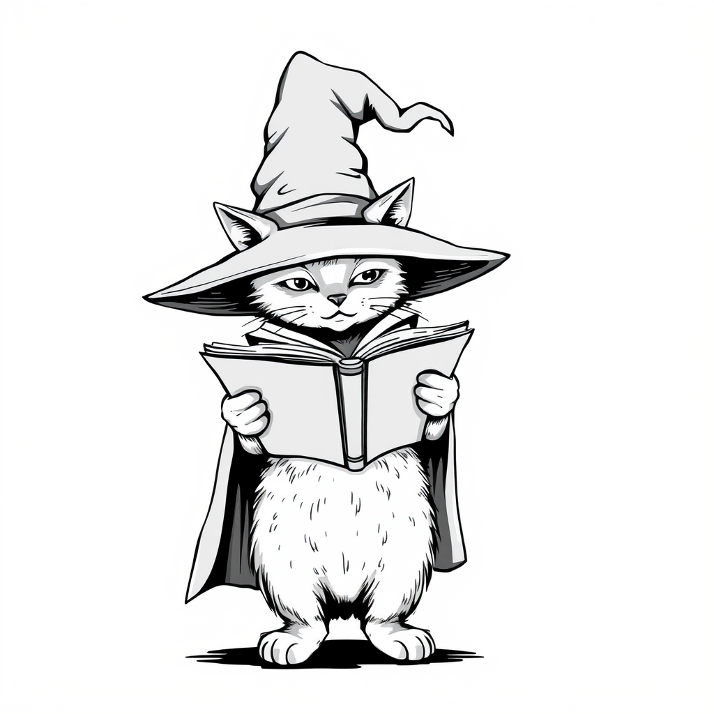 A grayscale illustration of a cat wearing a witch's hat and cloak. The cat is standing on its hind legs and is holding a spellbook in its paws and reading it intently. The hat is tall and pointed, with a wide brim and a pointed top. The cloak is draped over the cat's body, covering its body. The background is plain white, making the cat and the book the focal point of the image.