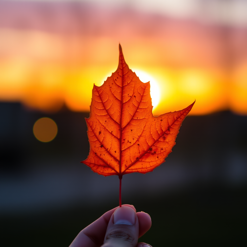 autumn leaf held up against a sunset background, shallow depth of field, soft bokeh effect, 50mm lens, f/2.8 aperture, ISO 200, Canon DSLR, golden hour lighting