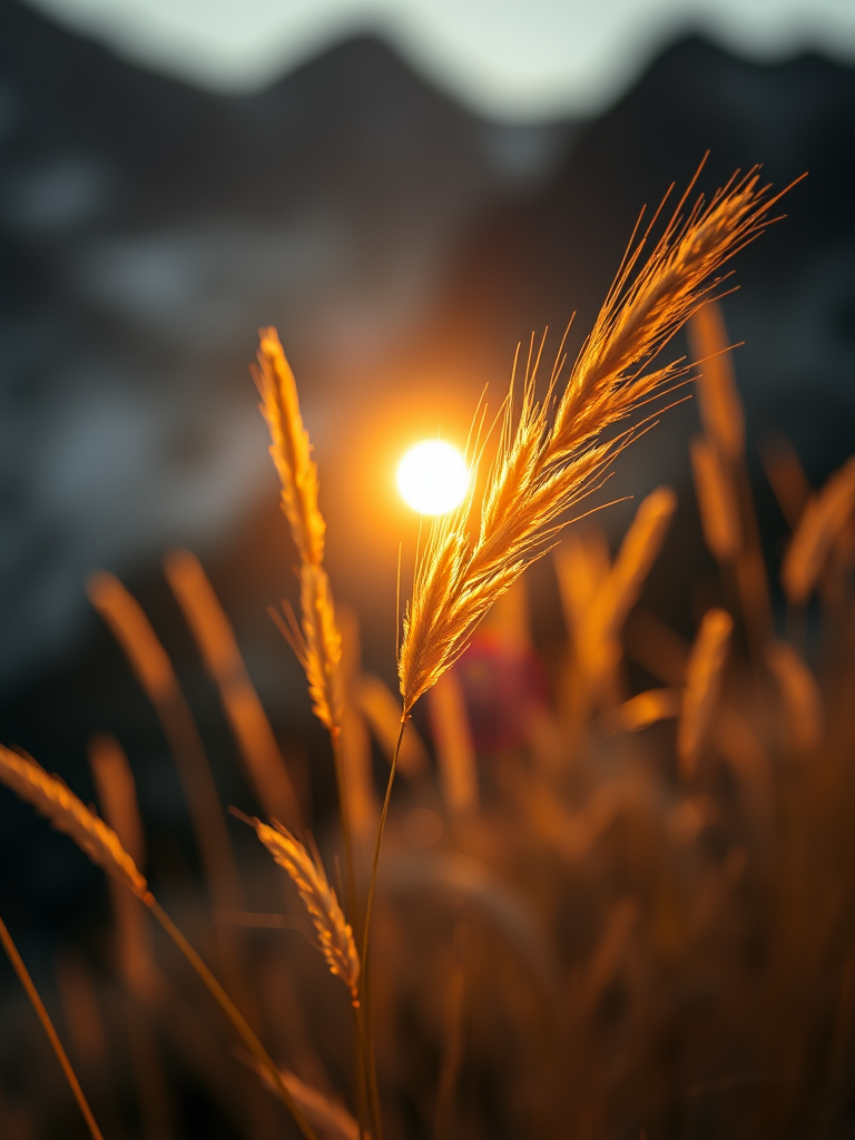 A close-up shot of golden grass swaying in the sunlight with a blurred mountain background during golden hour, using a Canon EOS R5, f/2.8 aperture, ISO 100, 50mm lens, and a shallow depth of field for enhanced bokeh effect.