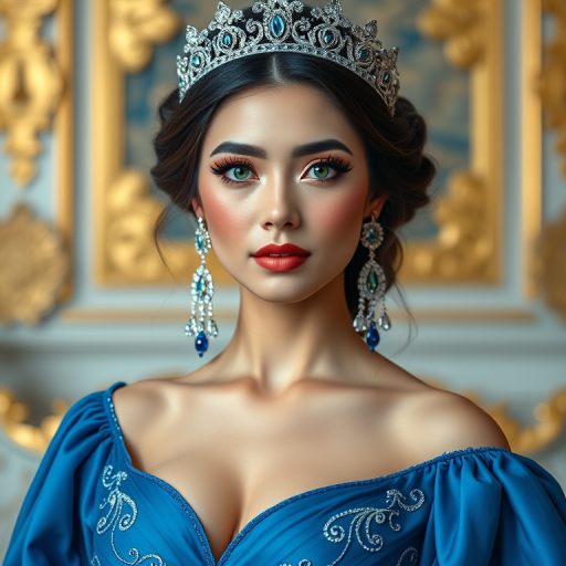 A gorgeous Uyghur woman in a luxurious blue gown, accessorized with a dazzling tiara and statement earrings, her deep green eyes highlighted by impeccable makeup, poised in a royal setting, photorealistic, 8K quality