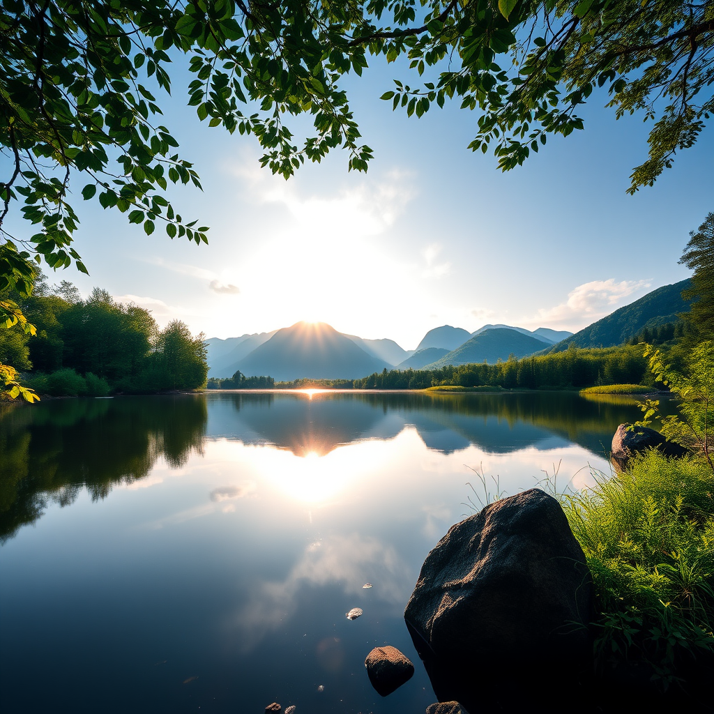 Generate a high-resolution image of a tranquil nature scene featuring a serene lake surrounded by lush greenery with a reflection of mountains at sunrise, captured using a DSLR camera with a 50mm lens, aperture f/1.8, ISO 100, shutter speed 1/200s, wide-angle view.