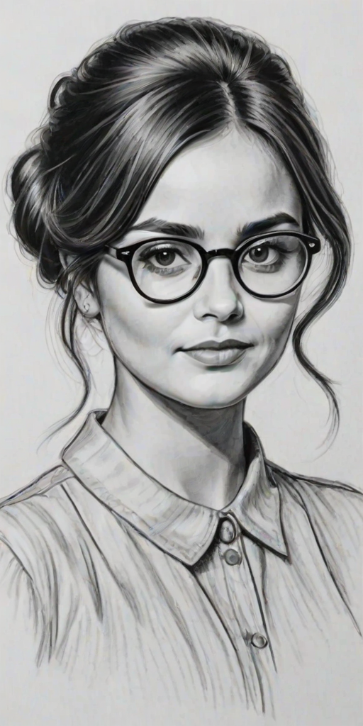 Enticing Jenna Coleman, pencil sketch, portrait of Fetching woman 1940s in glasses, hair style beatnik, outline, clear lines, fine lines, 8k