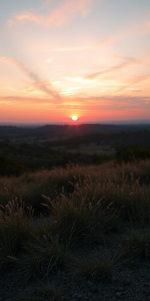 Generate a high-quality image of a serene landscape at sunset with vibrant colors, using a DSLR camera with a 50mm lens, aperture f/1.8, ISO 100, and a 1/200 second shutter speed, capturing a wide angle view with a soft focus effect to enhance depth.