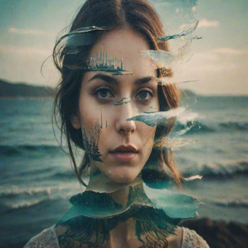 this photo is Book cover, A surreal double exposure portrait that blends a woman's face with a beautiful seascape. The overall mood is dreamy and mystical, with rich colors and intricate details