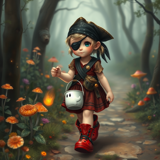 ultra detailed, photo realistic, painterly, of a little girl pirate, patch over one eye, black bandana over hair, walking and carrying an white ghost bucket and a lantern in the other hand, with bright red croc shoes, background path in the enchanted forest, wildflowers, colorful mushrooms misty hues of black and orange with bright gold glitter, ultra detailed