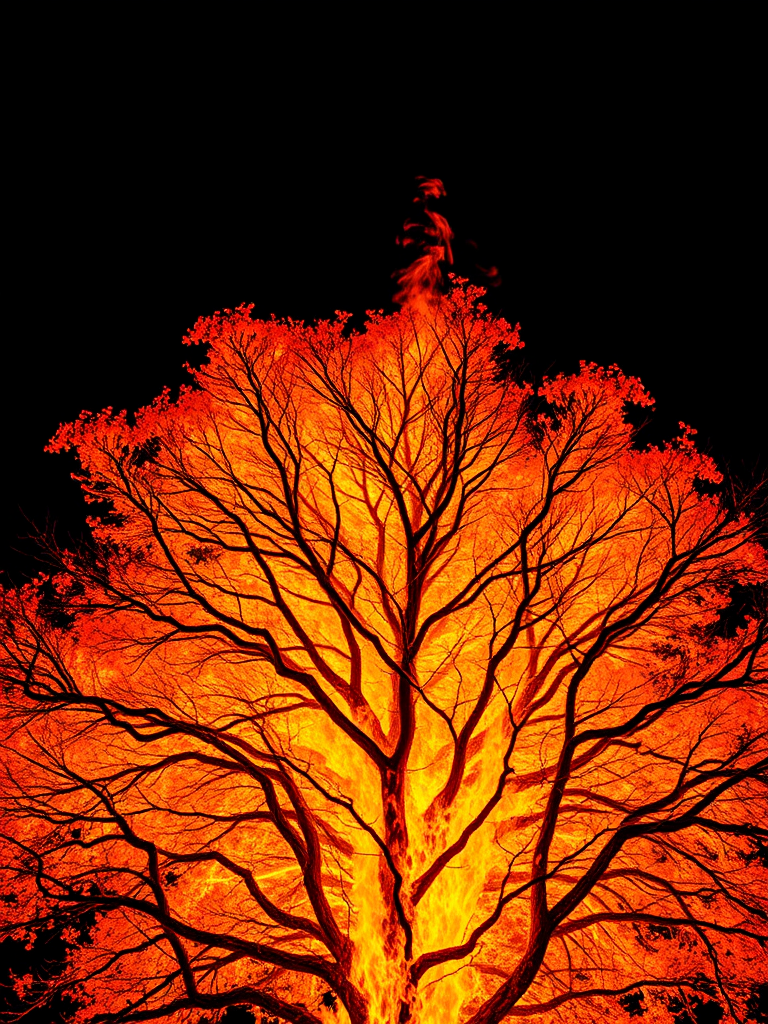 A flaming tree with intense orange and yellow flames, smoke curling upward, black background, captured with a Canon EOS R5, 50mm lens, f/1.8 aperture, 1/200 sec shutter speed, ISO 200, low angle view, dramatic lighting, high dynamic range.