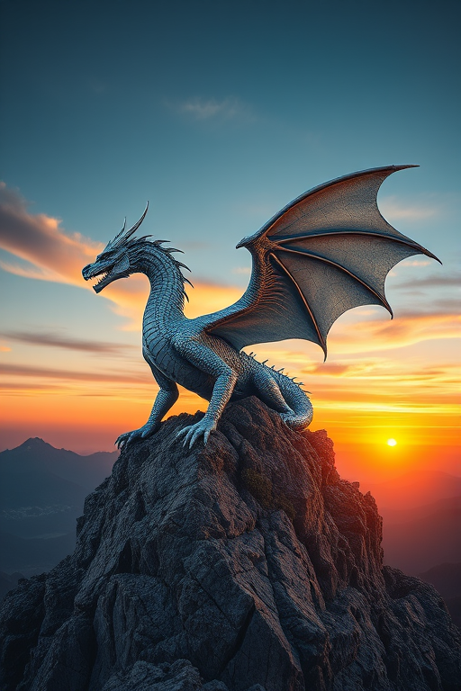 A majestic silver dragon perched on a rocky mountain peak, illuminated by a dramatic sunset in the background, with intricate scales and spread wings, high-resolution, DSLR camera, 24mm lens, f/8 aperture, ISO 100, natural lighting, and a wide-angle view.