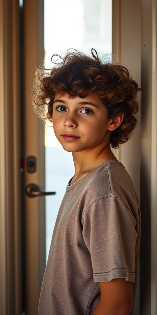 portrait of a young person with curly hair standing near a door with soft light streaming in, using a 50mm lens, aperture f/1.8, ISO 100, natural light, shallow depth of field, DSLR camera, golden hour lighting