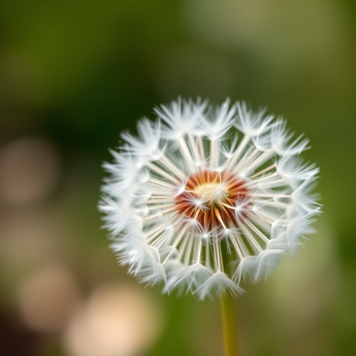 close-up shot of a dandelion flower about to release seeds, shallow depth of field, macro lens, aperture f/2.8, ISO 100, 85mm focal length, soft focus background, natural light, DSLR camera