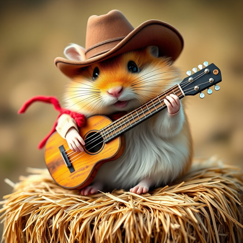 A chibi hamster, dressed as a cowboy, playing guitar, sitting on a hay bale