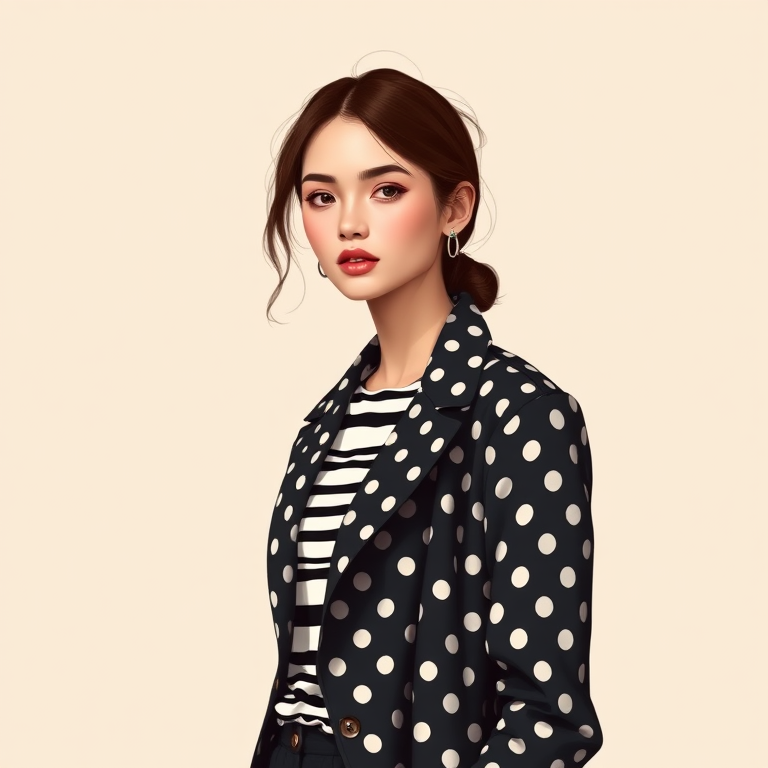 Create a high-resolution digital illustration of a fashion model wearing a polka dot black jacket over a striped shirt, with the background in a soft beige color, use a Canon EOS R5 camera, 50mm lens, f/1.8 aperture, ISO 100, 1/200 sec shutter speed, shot in studio lighting for detailed texture.