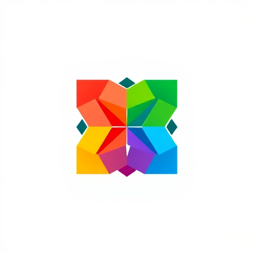 Generate a highly detailed abstract logo featuring geometric shapes and vibrant colors, shot with a Canon EOS R5 at f/8, ISO 100, 1/125s with a wide-angle lens, capturing a top-down view with a clean background to enhance contrast and clarity.