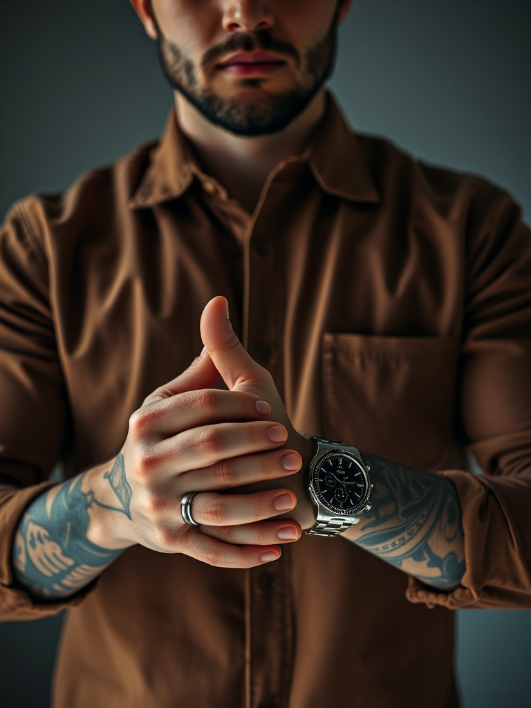 Capture an image of a man with hands clasped together, wearing a brown button-up shirt, silver wristwatch, and showing intricate tattoos on his hands, using a Canon EOS R5 with a 50mm f/1.2 lens, ISO 100, aperture f/1.8, shutter speed 1/200s, in a low-light studio setting with soft, diffused lighting to emphasize texture and detail in the hands and shirt.