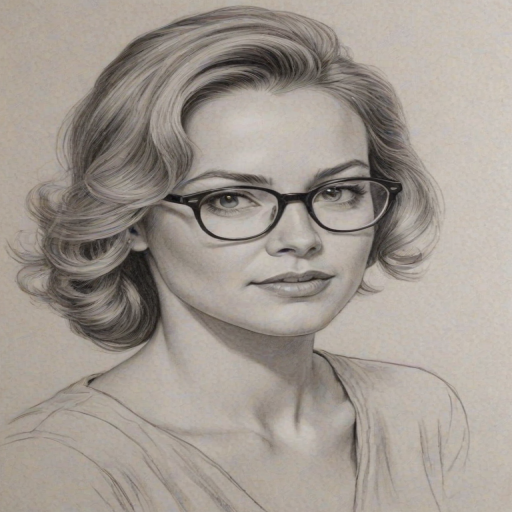 Captivating Andrea Anders, pencil sketch, portrait of Charming woman 1948s in glasses, hair style beatnik, outline, clear lines, fine lines, 8k
