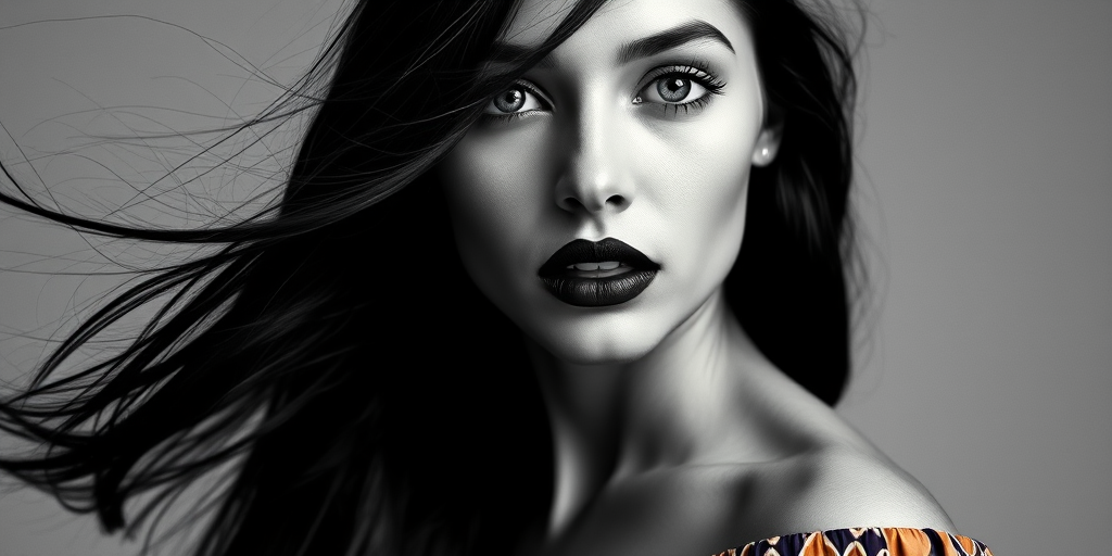 Photographic image of a beautiful young Native American woman, blue eyes, lips with black lipstick, long hair fluttering in the wind and wearing a silk strapless dress with a soft purple and orange print. monochrome image with only color highlights in the iris of the eyes, lipstick and dress. Gray background.