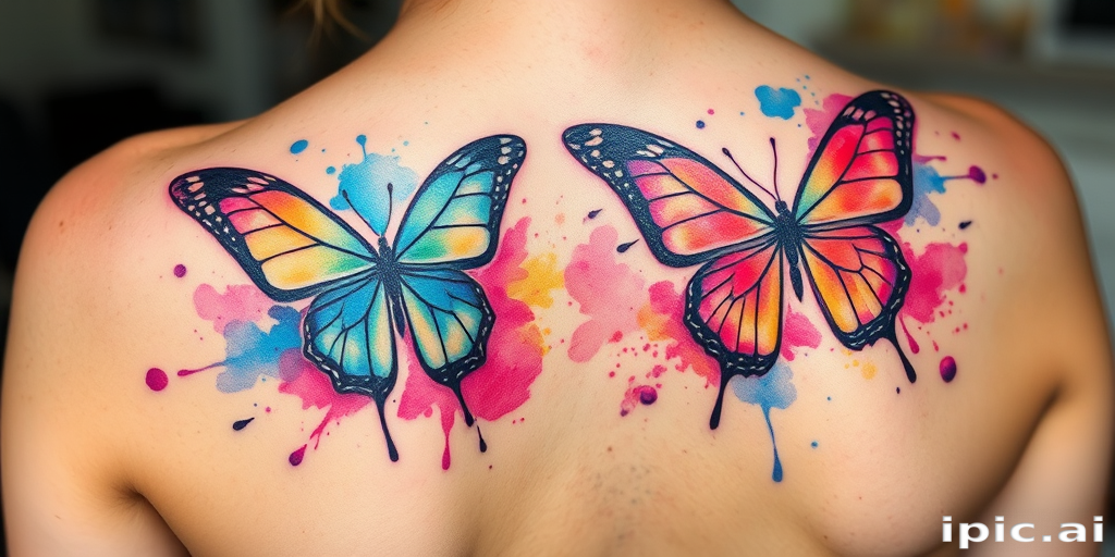 Stunning watercolor tattoo of vibrant butterflies in flight across the back, featuring soft pastel hues blending seamlessly with bold splashes of neon, creating a dreamy and ethereal effect