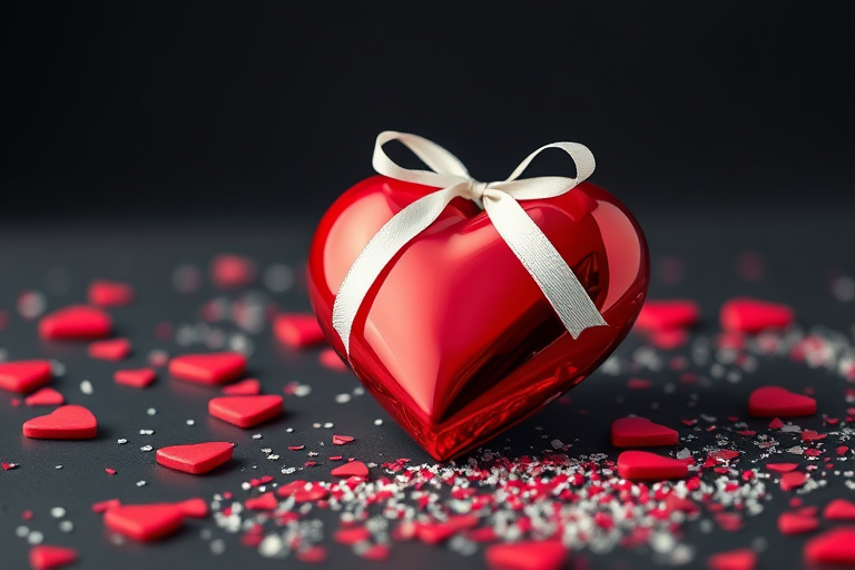 Create a romantic image featuring a shiny red heart adorned with a white ribbon, surrounded by smaller red hearts and sparkling confetti on a black background, captured with a Canon EOS R5, 50mm lens, f/1.8 aperture, 1/200s shutter speed, ISO 100, with soft lighting for enhanced texture and contrast, emphasizing the celebratory theme of Valentine's Day.