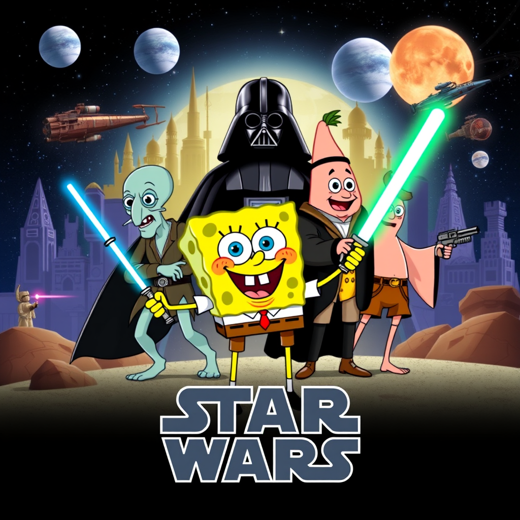 Create a parody of the Star Wars poster with SpongeBob as Luke Skywalker, holding a glowing spatula like a lightsaber. Patrick Star takes the role of Han Solo, holding a blaster, while Squidward is Obi-Wan Kenobi, draped in robes. In the background, Plankton appears as Darth Vader, with Bikini Bottom’s landmarks reimagined as spaceships and planets. The iconic Star Wars logo is swapped for "Sponge Wars," creating a playful, sci-fi adventure scene.