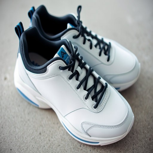 Regenerate an image of a pair of sleek white athletic shoes with black laces and a blue accent, using a DSLR camera, 50mm lens, f/2.8 aperture, ISO 100, soft natural lighting, and a slight top-down perspective for enhanced detail.