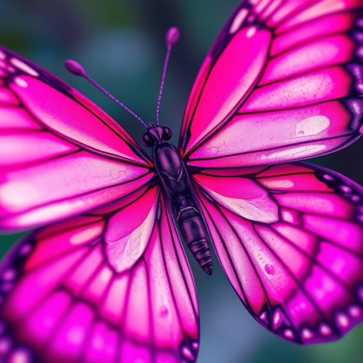Generate a vibrant illustration of a butterfly with intricate wing patterns in shades of pink and purple, using a digital art style, high resolution of 300 DPI, with a soft focus lens effect, captured in a close-up view.