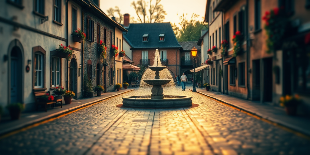 Soft-focus image of a quiet village square at dawn, with soft golden light reflecting off the cobblestones, flower boxes hanging from windows, and a fountain gently trickling in the center.